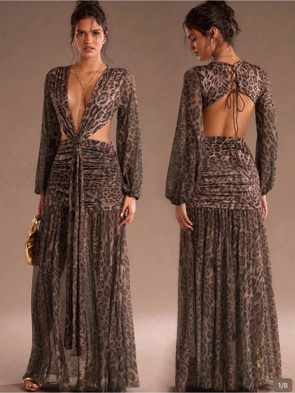 Leopard Print Long Sleeve Cutout Maxi Dress - Brown